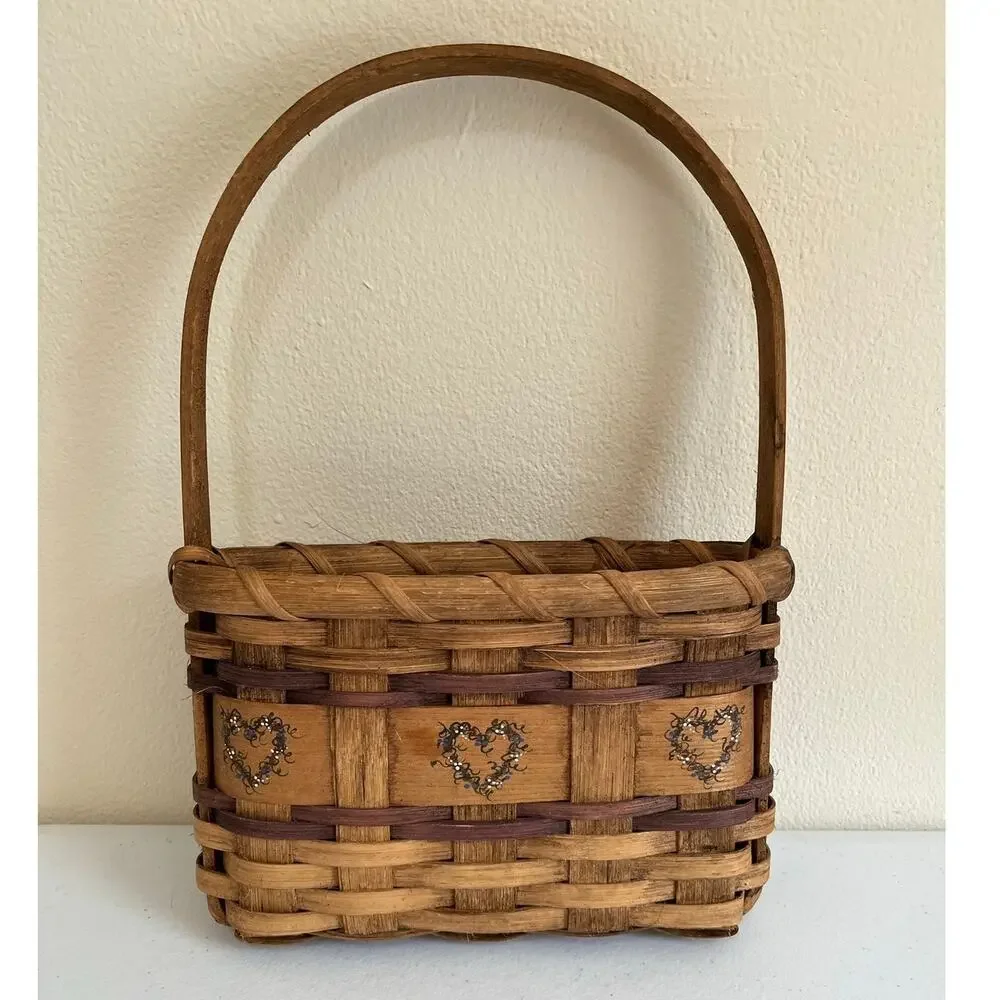 Vintage Brown Woven Bamboo Basket Heart Motif High Handle Cottagecore Folk Art